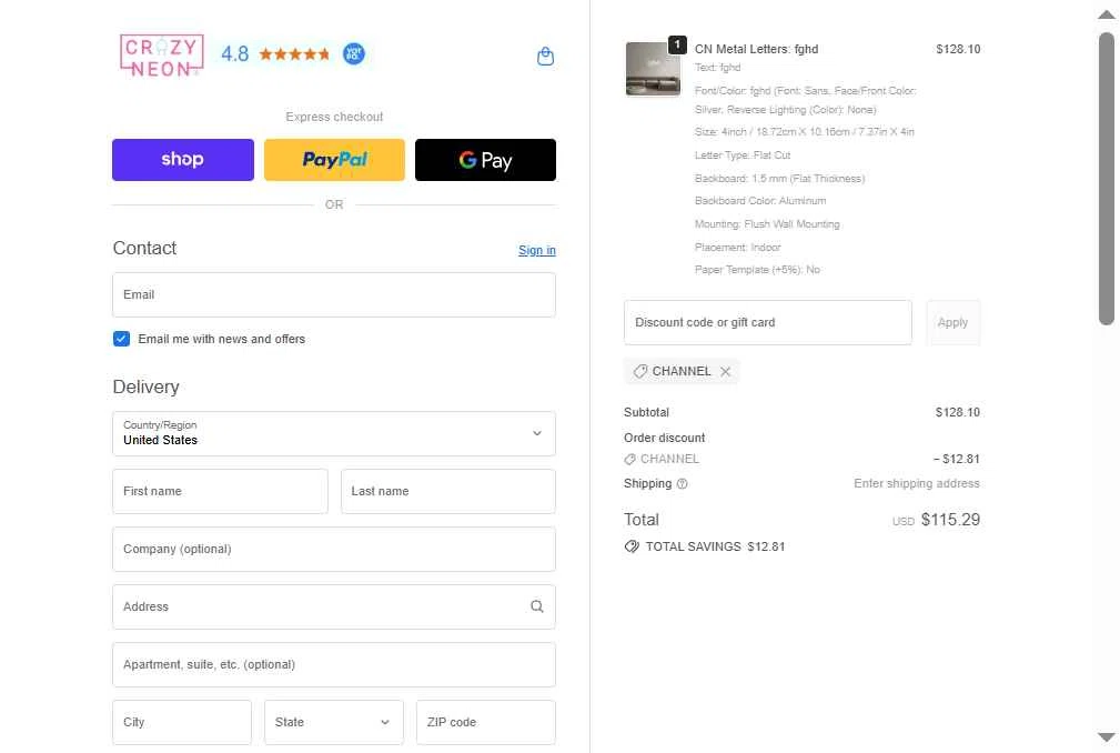CrazyNeon USA checkout page showing CrazyNeon USA promo code box | Screenshot taken by SimplyCodes community member on Jan 11, 2026