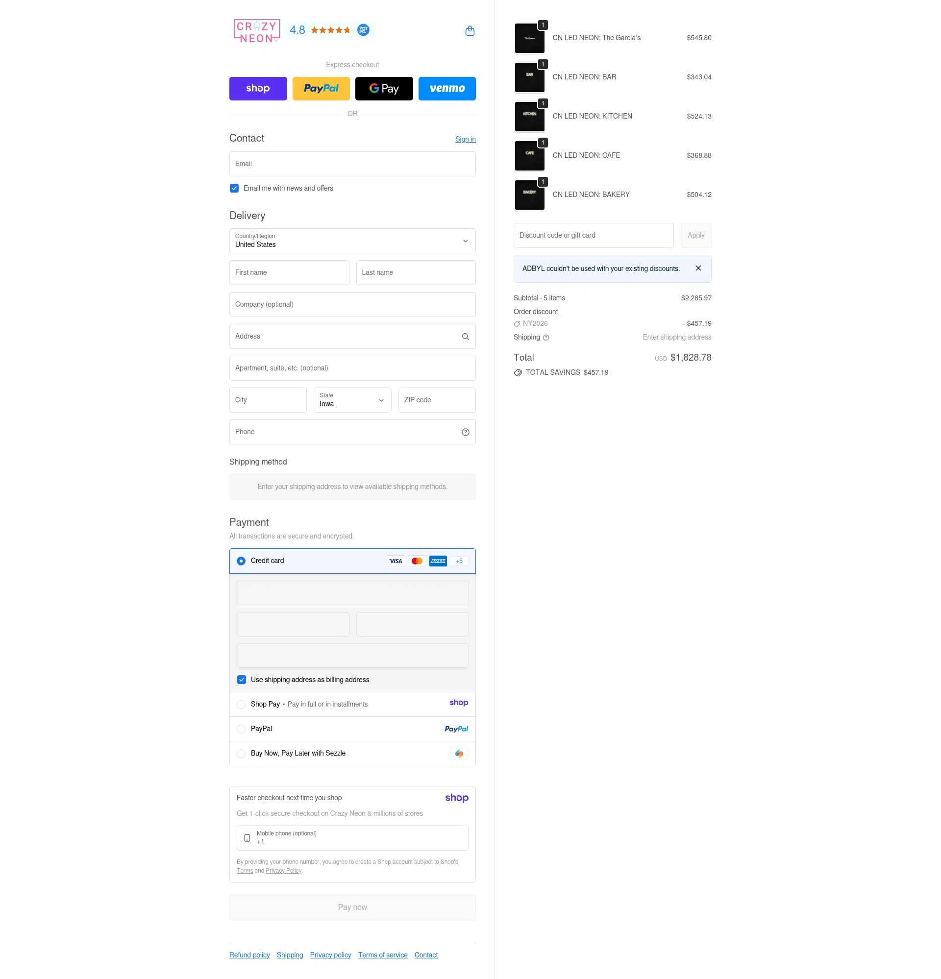 CrazyNeon USA checkout page showing CrazyNeon USA promo code box | Screenshot taken by SimplyCodes community member on Jan 11, 2026