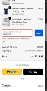 FLASH10 coupon verification screenshot
