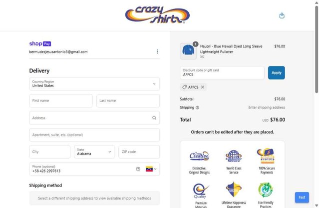 Crazy Shirts checkout page showing Crazy Shirts promo code box | Screenshot taken by SimplyCodes community member on Jun 27, 2025