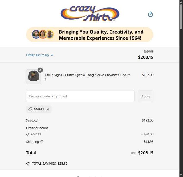 Crazy Shirts checkout page showing Crazy Shirts promo code box | Screenshot taken by SimplyCodes community member on Jun 27, 2025