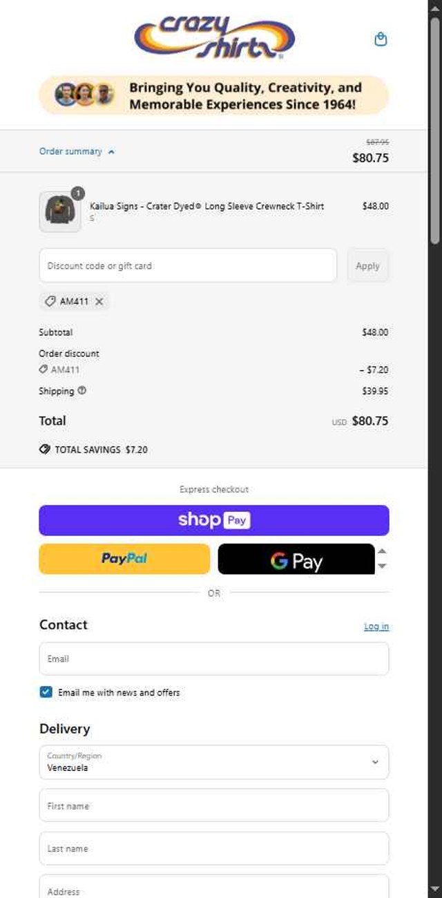 Crazy Shirts checkout page showing Crazy Shirts promo code box | Screenshot taken by SimplyCodes community member on Jun 27, 2025