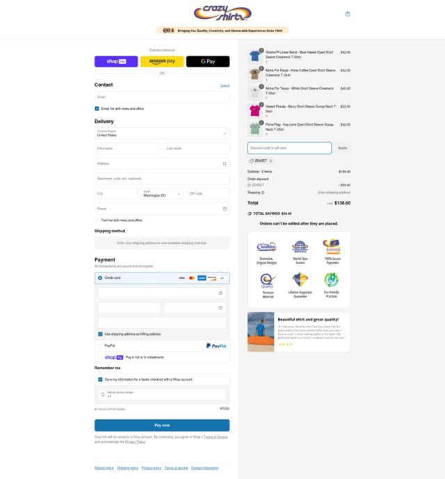 Crazy Shirts checkout page showing Crazy Shirts promo code box | Screenshot taken by SimplyCodes community member on Jun 18, 2025