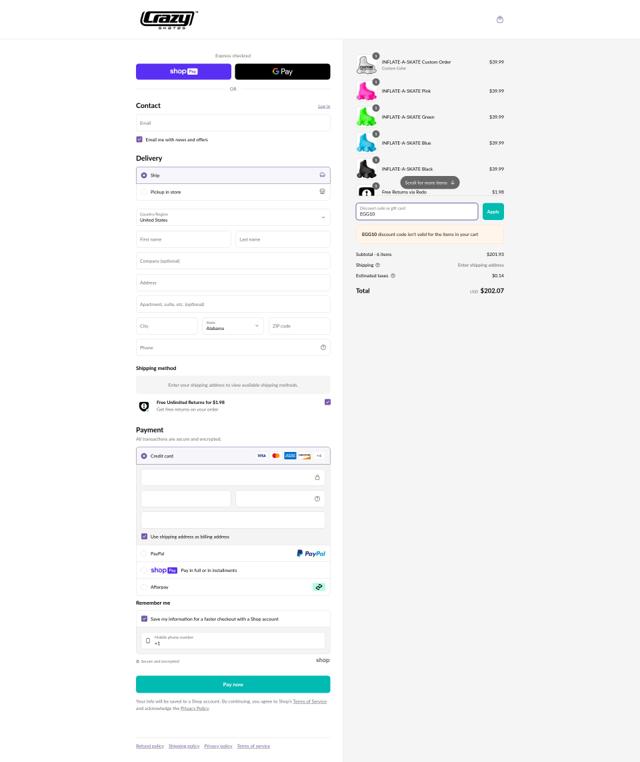Crazy Skates checkout page showing Crazy Skates discount code box | Screenshot taken by SimplyCodes community member on May 3, 2025