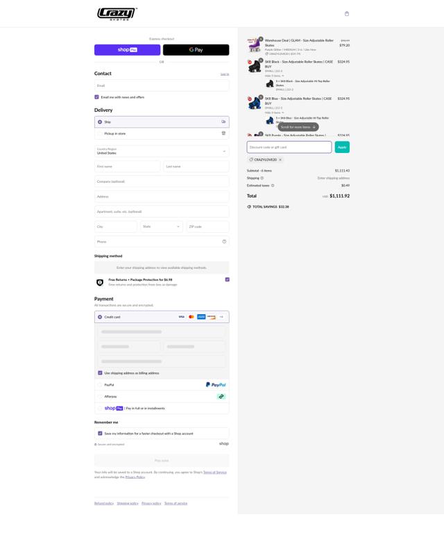 Crazy Skates checkout page showing Crazy Skates discount code box | Screenshot taken by SimplyCodes community member on Mar 7, 2025