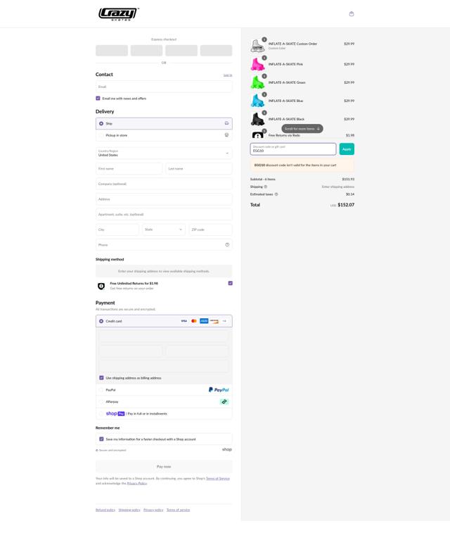 Crazy Skates checkout page showing Crazy Skates discount code box | Screenshot taken by SimplyCodes community member on Apr 19, 2025