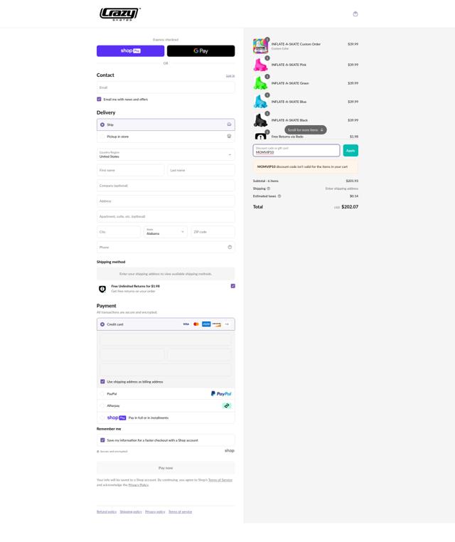 Crazy Skates checkout page showing Crazy Skates discount code box | Screenshot taken by SimplyCodes community member on May 13, 2025