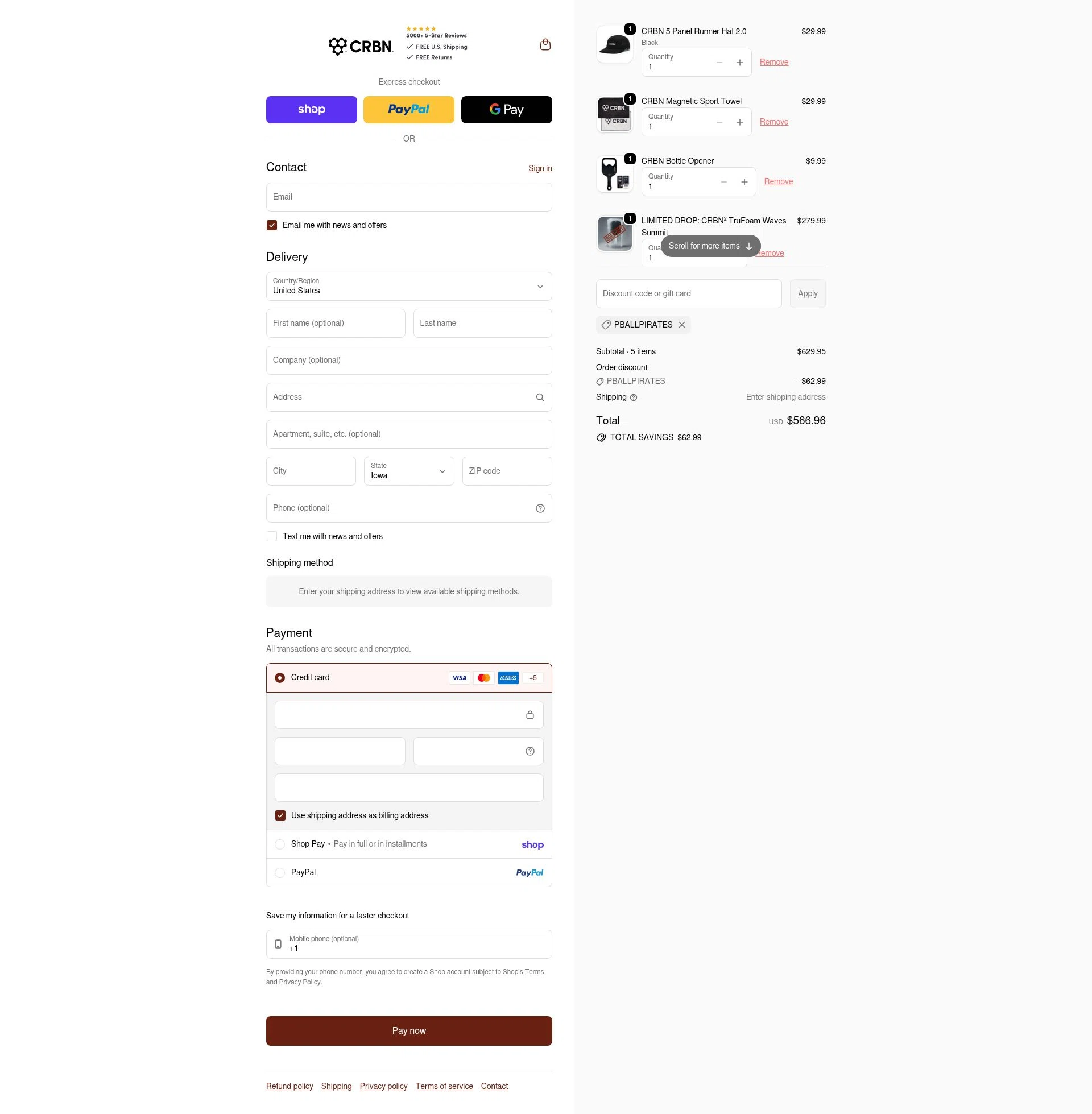 CRBN Pickleball checkout page showing CRBN Pickleball discount code box | Screenshot taken by SimplyCodes community member on Feb 13, 2026
