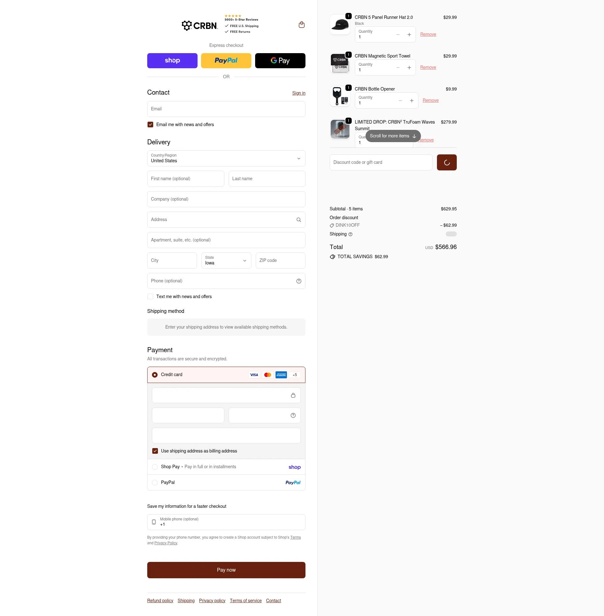 CRBN Pickleball checkout page showing CRBN Pickleball discount code box | Screenshot taken by SimplyCodes community member on Feb 13, 2026