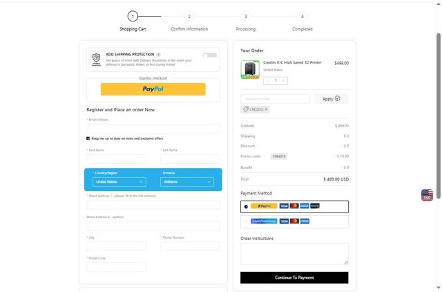 Creality3D Official checkout page showing Creality3D Official promo code box | Screenshot taken by SimplyCodes community member on Aug 11, 2025
