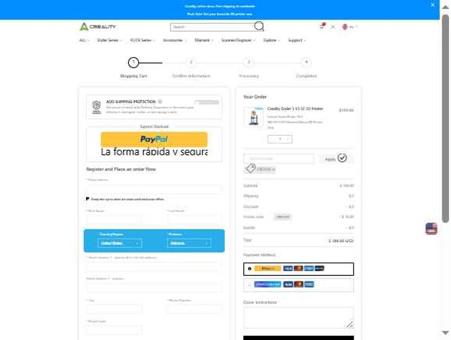 Creality3D Official checkout page showing Creality3D Official promo code box | Screenshot taken by SimplyCodes community member on Jul 18, 2025