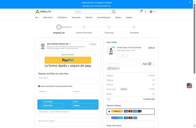 Creality3D Official checkout page showing Creality3D Official promo code box | Screenshot taken by SimplyCodes community member on Jul 18, 2025
