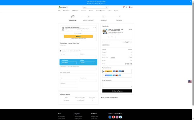 Creality3D Official checkout page showing Creality3D Official promo code box | Screenshot taken by SimplyCodes community member on Jul 18, 2025