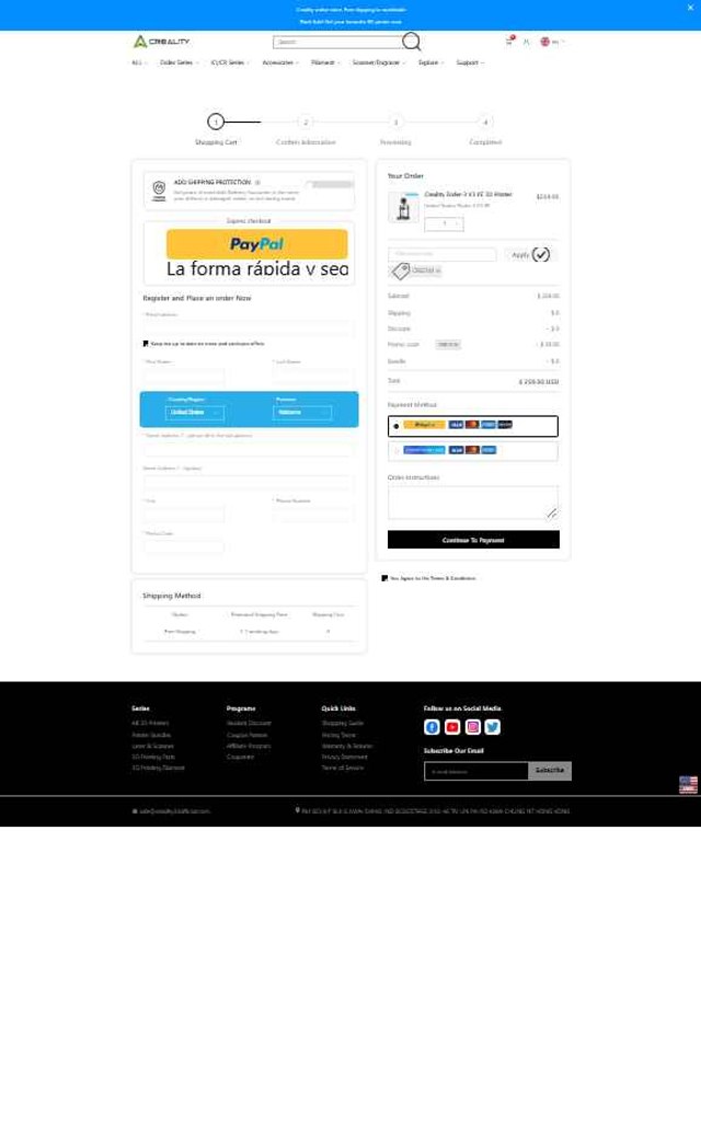 Creality3D Official checkout page showing Creality3D Official promo code box | Screenshot taken by SimplyCodes community member on Jul 18, 2025
