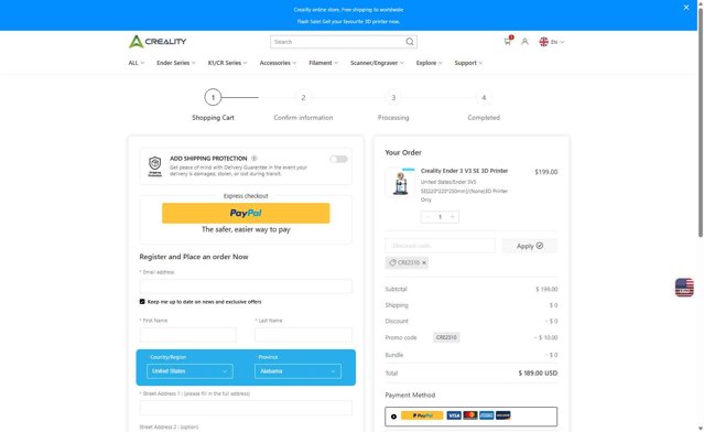 Creality3D Official checkout page showing Creality3D Official promo code box | Screenshot taken by SimplyCodes community member on Jul 18, 2025