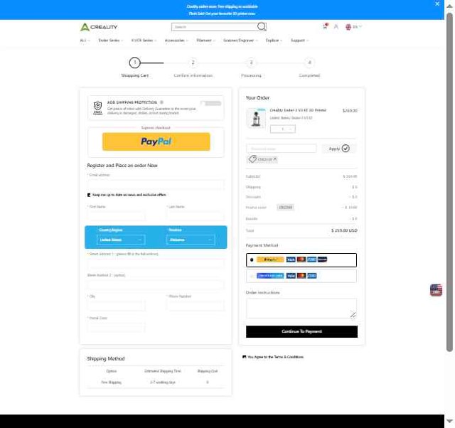 Creality3D Official checkout page showing Creality3D Official promo code box | Screenshot taken by SimplyCodes community member on Jul 18, 2025