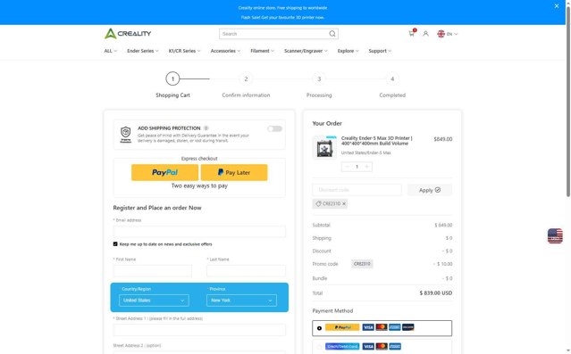 Creality3D Official checkout page showing Creality3D Official promo code box | Screenshot taken by SimplyCodes community member on Jul 18, 2025