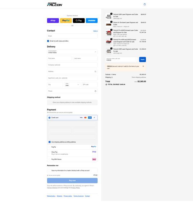 CrealityFalcon checkout page showing CrealityFalcon promo code box | Screenshot taken by SimplyCodes community member on Oct 3, 2025