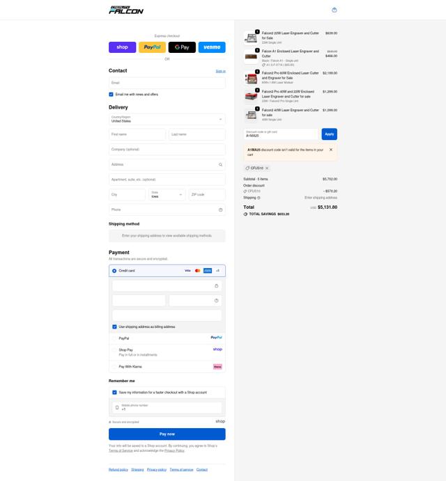 CrealityFalcon checkout page showing CrealityFalcon promo code box | Screenshot taken by SimplyCodes community member on Oct 3, 2025