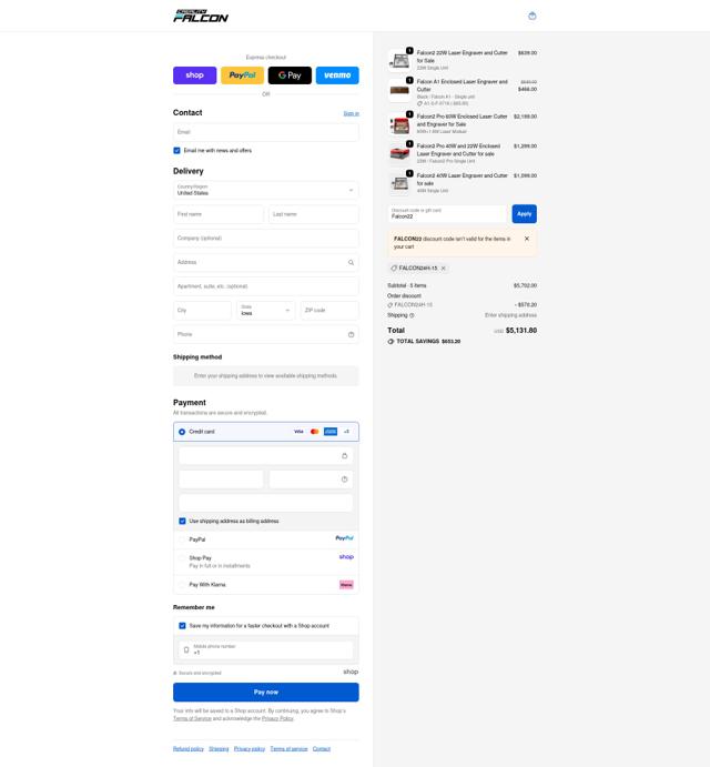 CrealityFalcon checkout page showing CrealityFalcon promo code box | Screenshot taken by SimplyCodes community member on Oct 3, 2025