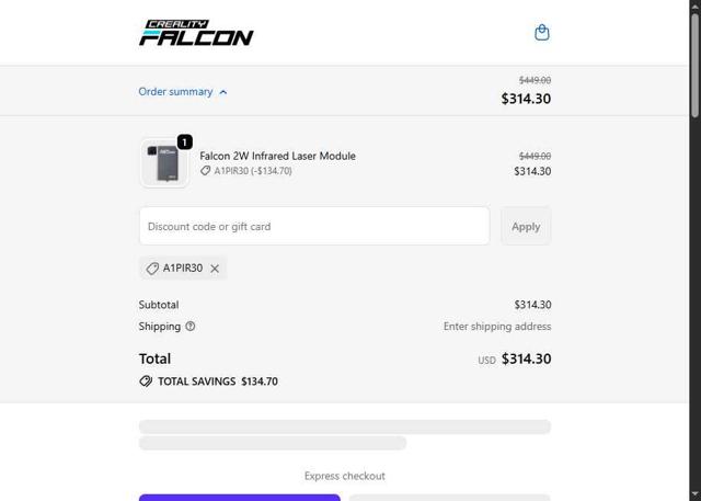 CrealityFalcon checkout page showing CrealityFalcon promo code box | Screenshot taken by SimplyCodes community member on Oct 3, 2025