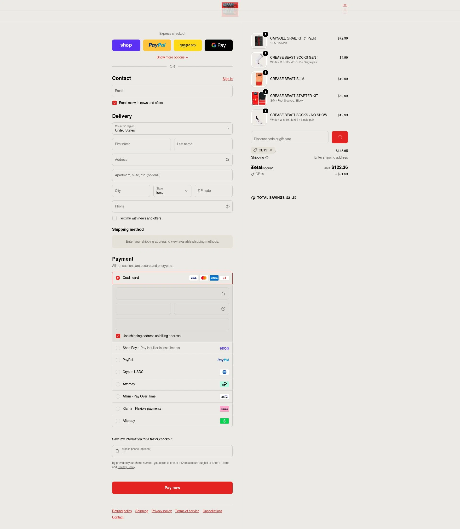 Crease Beast checkout page showing Crease Beast discount code box | Screenshot taken by SimplyCodes community member on Feb 9, 2026