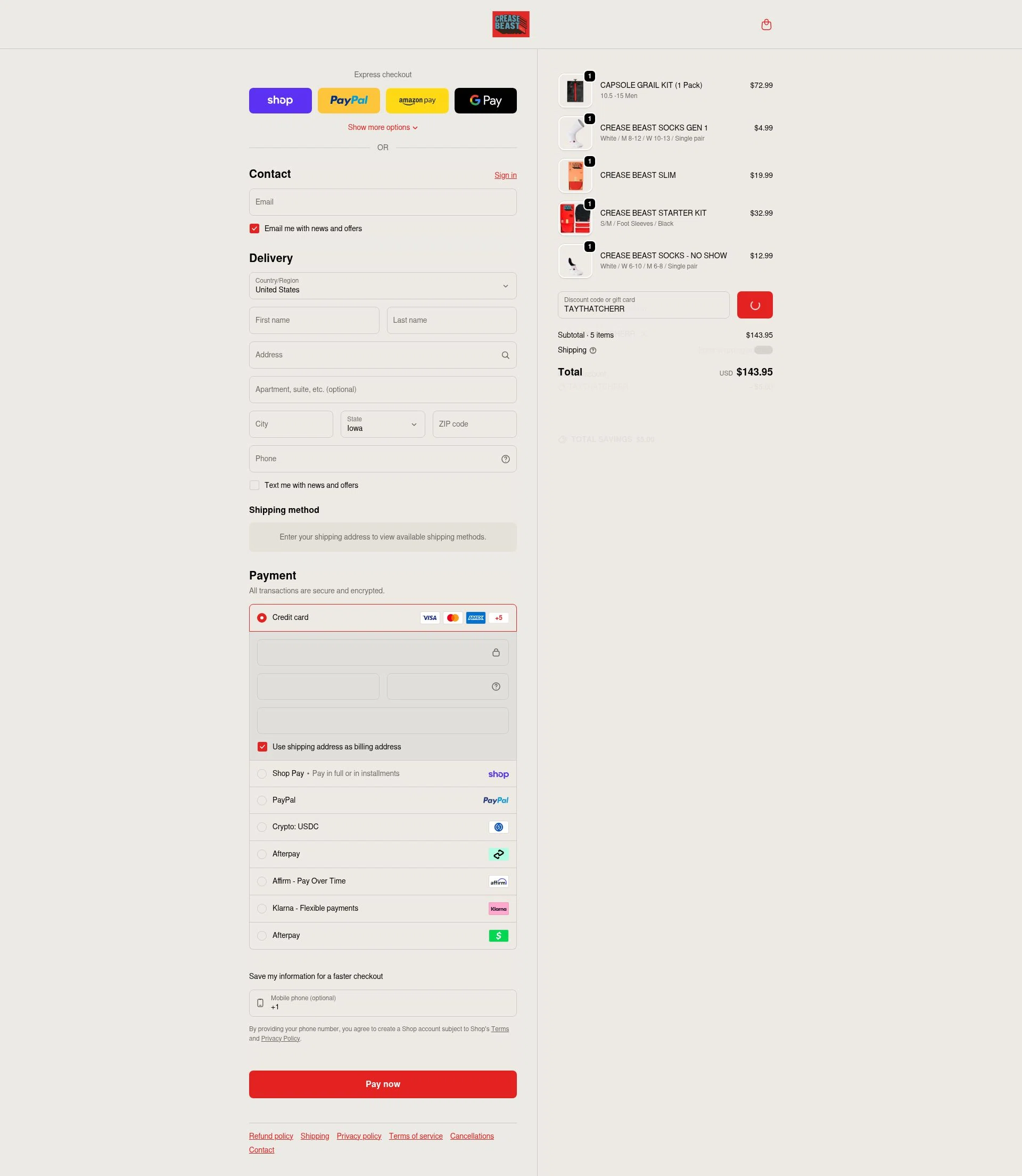 Crease Beast checkout page showing Crease Beast discount code box | Screenshot taken by SimplyCodes community member on Feb 8, 2026