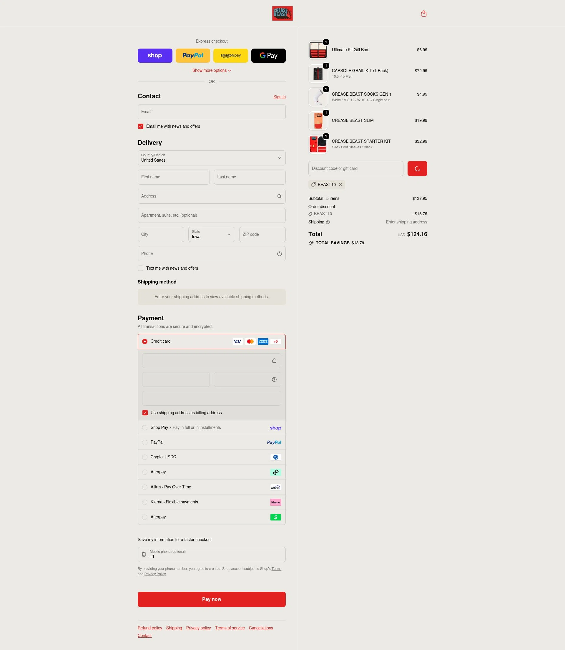 Crease Beast checkout page showing Crease Beast discount code box | Screenshot taken by SimplyCodes community member on Feb 4, 2026