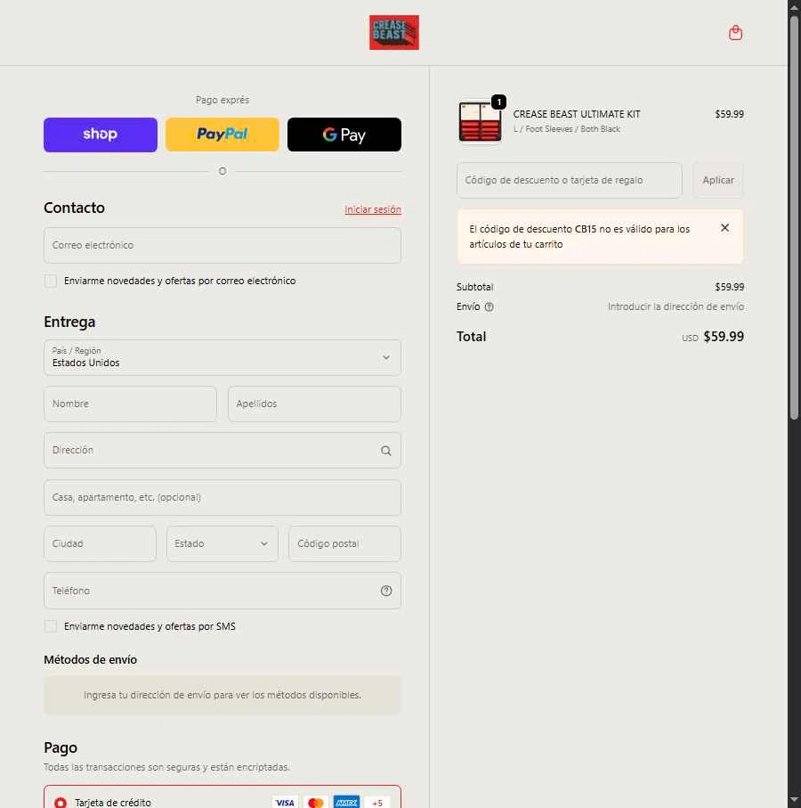 Crease Beast checkout page showing Crease Beast discount code box | Screenshot taken by SimplyCodes community member on Feb 10, 2026
