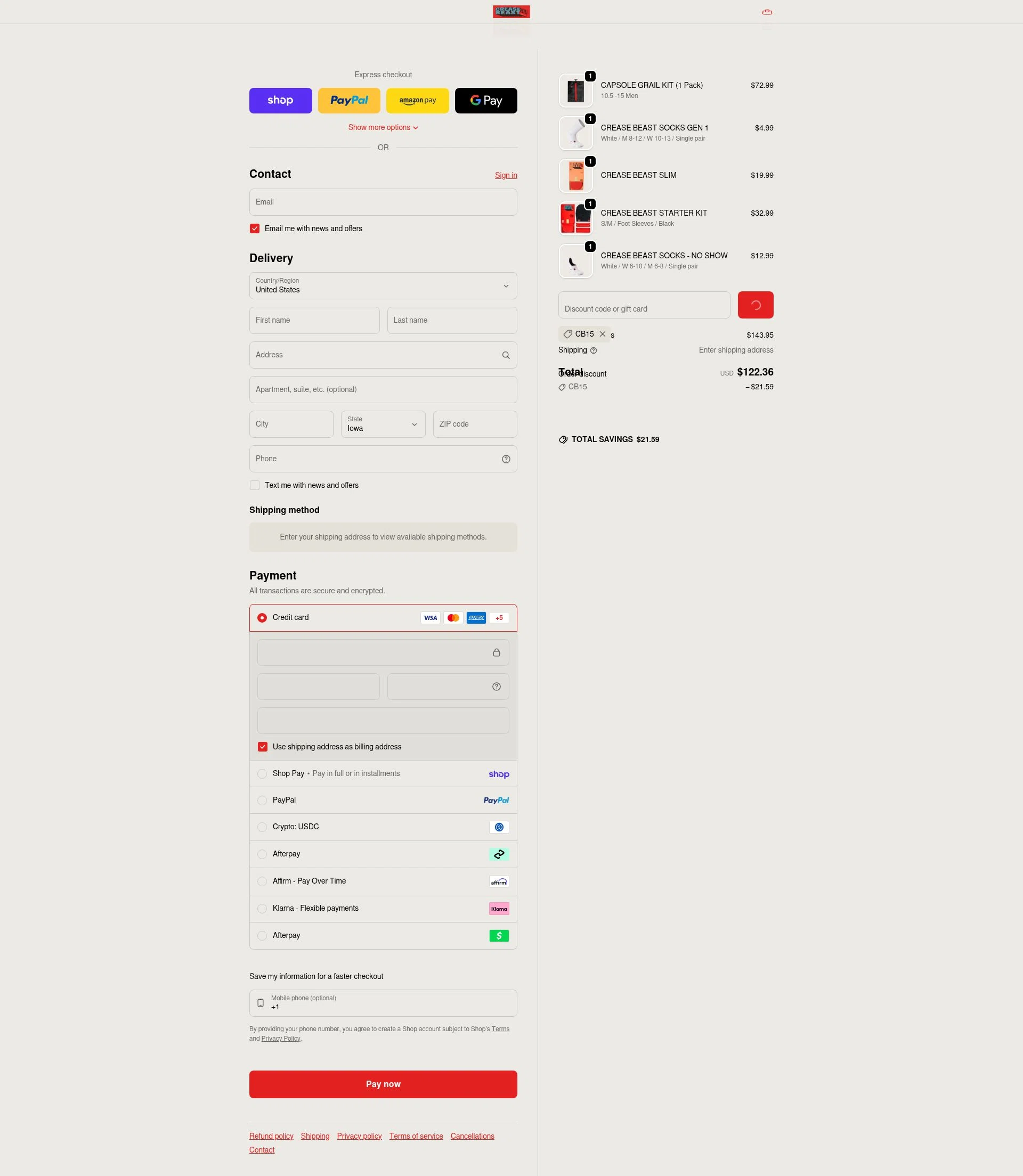 Crease Beast checkout page showing Crease Beast discount code box | Screenshot taken by SimplyCodes community member on Feb 8, 2026