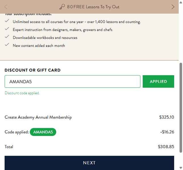 Create Academy checkout page showing Create Academy discount code box | Screenshot taken by SimplyCodes community member on Aug 13, 2025