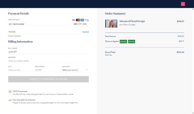 Create Academy checkout page showing Create Academy discount code box | Screenshot taken by SimplyCodes community member on May 24, 2025