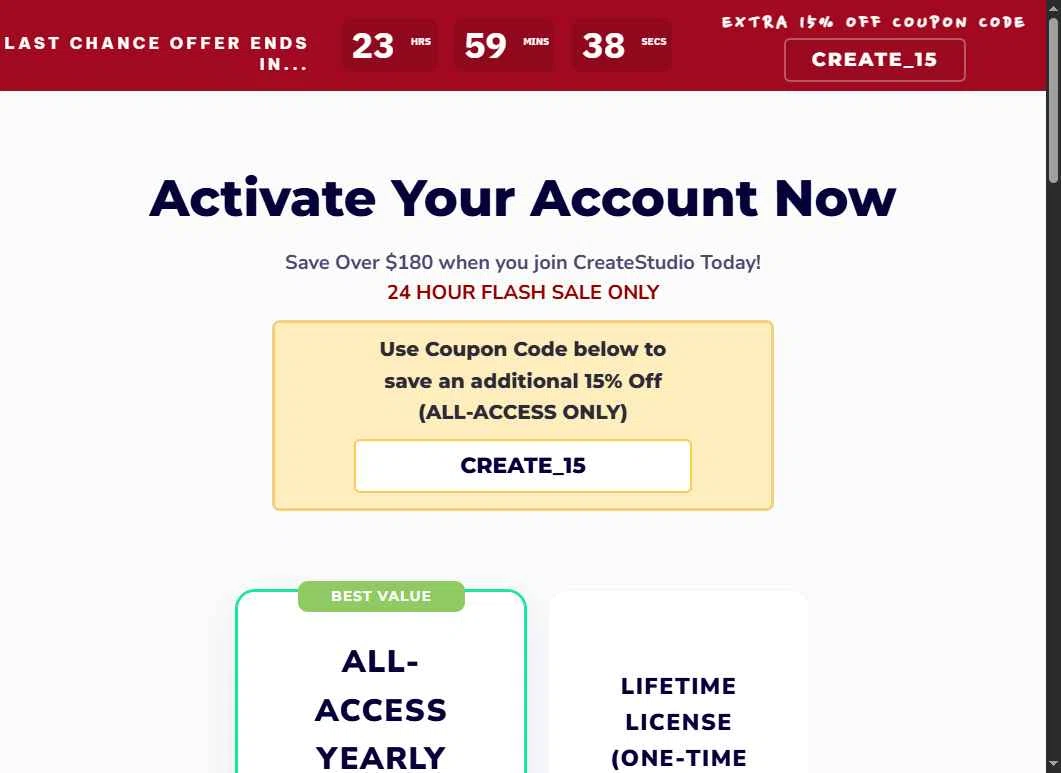 Create Studio checkout page showing Create Studio discount code box | Screenshot taken by SimplyCodes community member on Apr 5, 2025