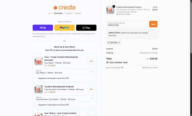 Create Wellness checkout page showing Create Wellness discount code box | Screenshot taken by SimplyCodes community member on Sep 25, 2025