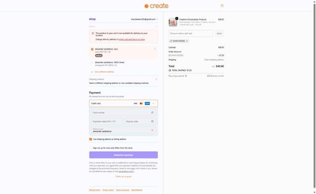 Create Wellness checkout page showing Create Wellness discount code box | Screenshot taken by SimplyCodes community member on Sep 18, 2025