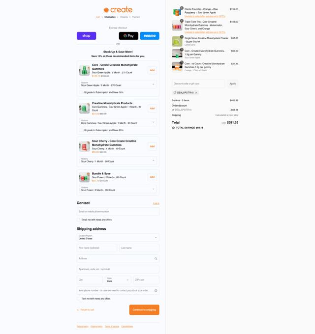 Create Wellness checkout page showing Create Wellness discount code box | Screenshot taken by SimplyCodes community member on Sep 6, 2025
