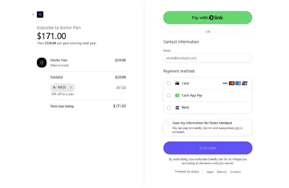 Creatify AI checkout page showing Creatify AI coupon code box | Screenshot taken by SimplyCodes community member on Jan 11, 2026