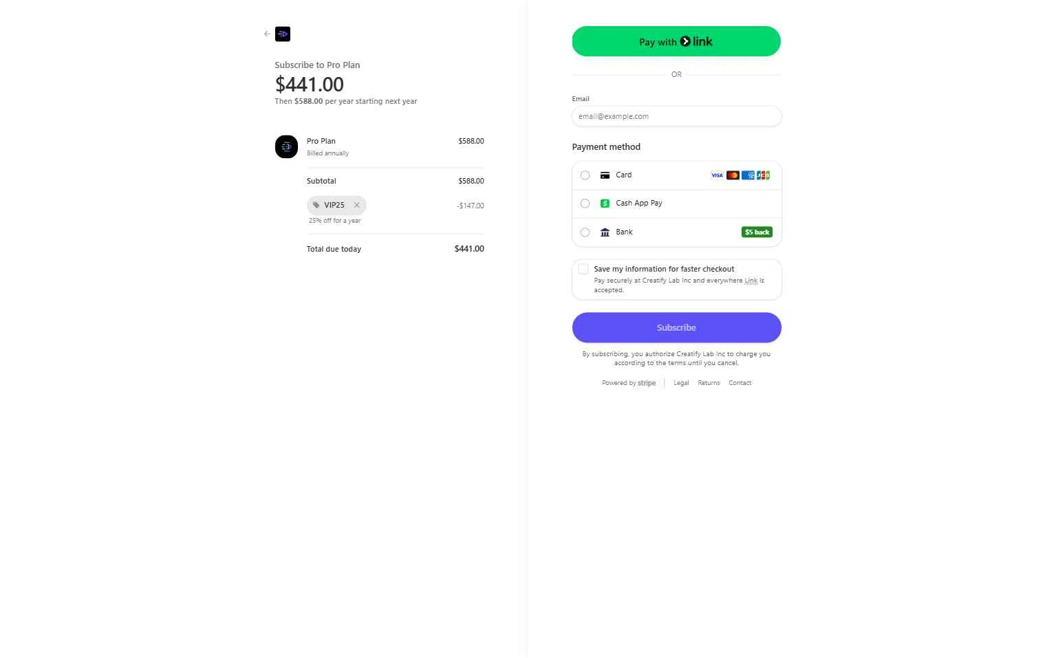 Creatify AI checkout page showing Creatify AI coupon code box | Screenshot taken by SimplyCodes community member on Dec 25, 2025