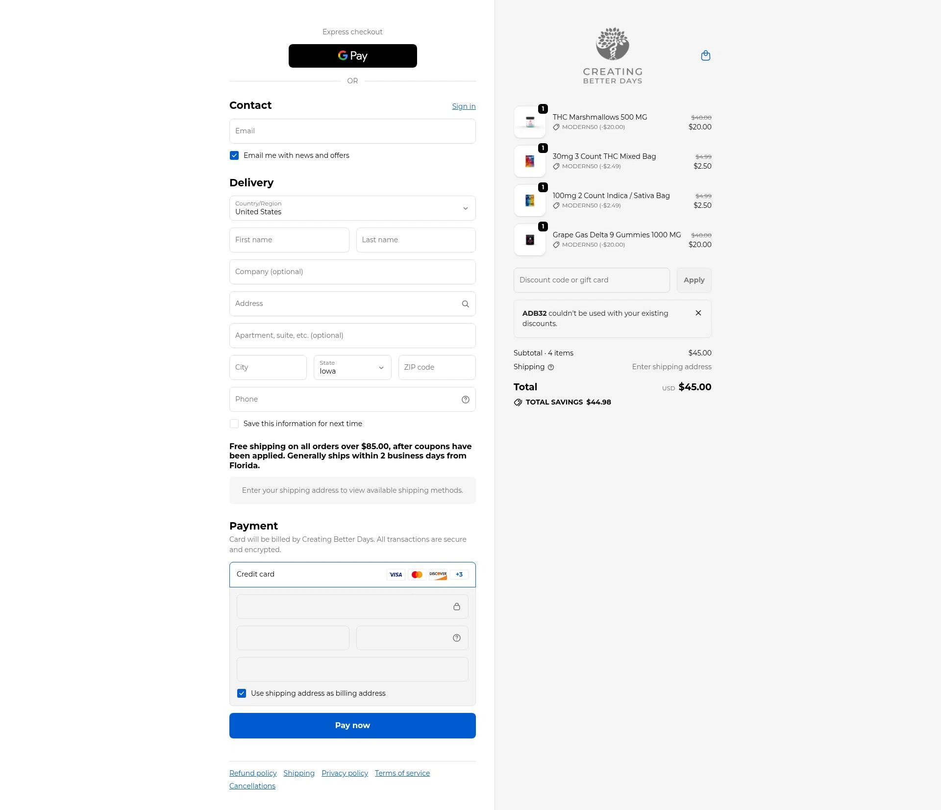 Creating Better Days checkout page showing Creating Better Days discount code box | Screenshot taken by SimplyCodes community member on Jan 7, 2026