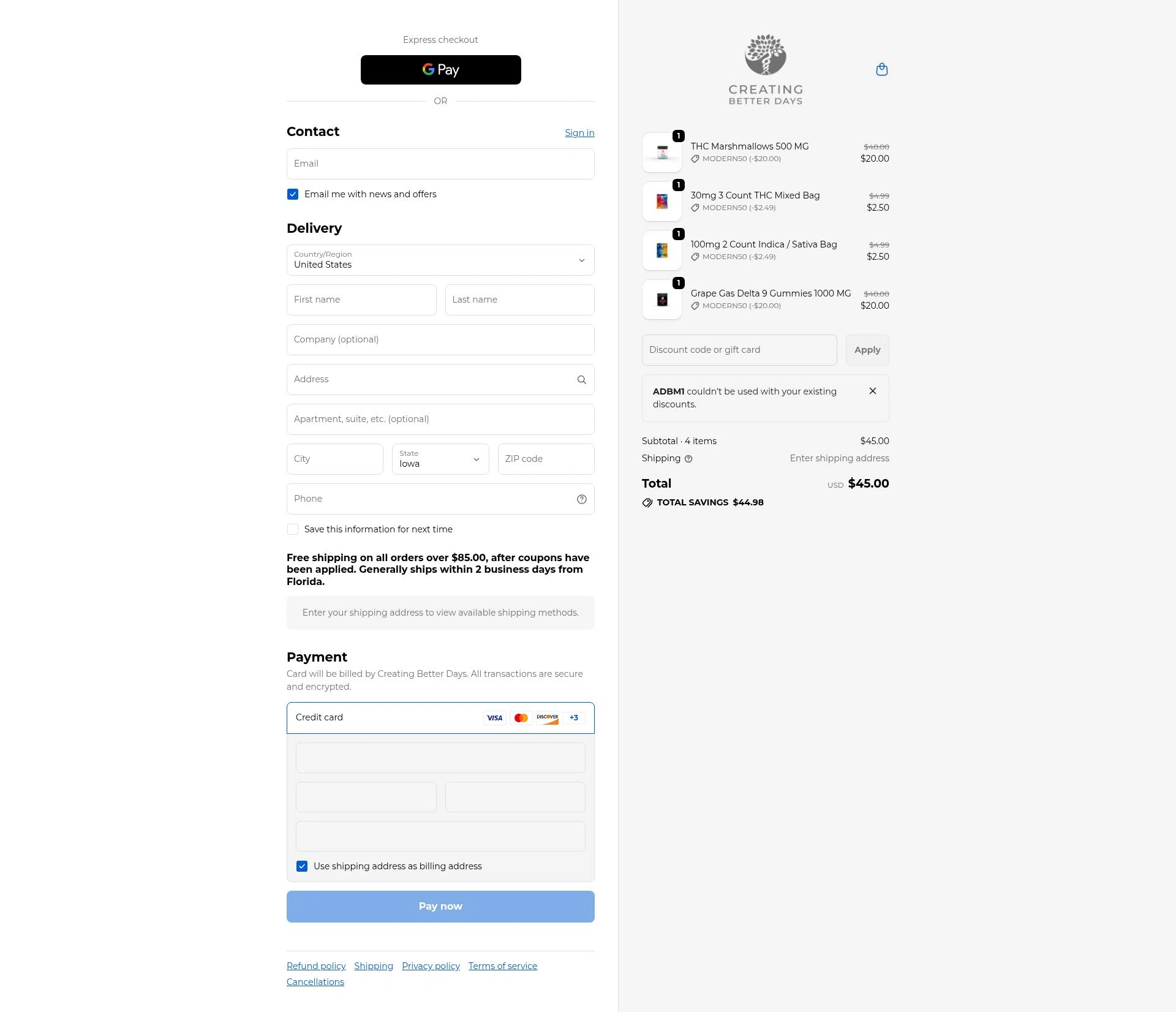 Creating Better Days checkout page showing Creating Better Days discount code box | Screenshot taken by SimplyCodes community member on Jan 7, 2026