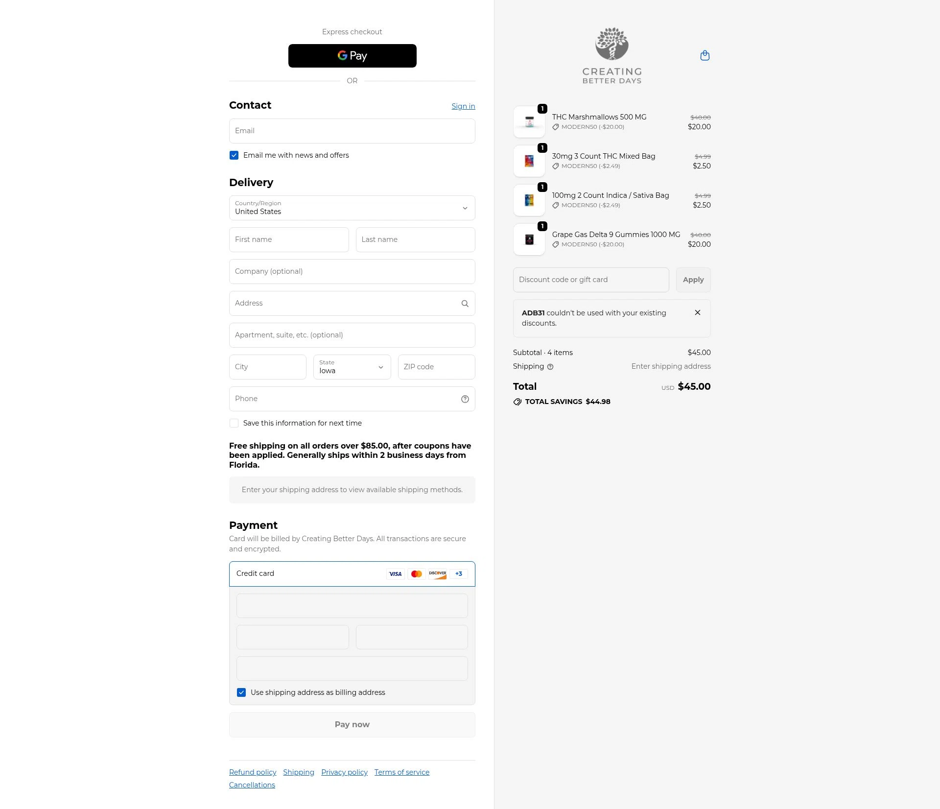 Creating Better Days checkout page showing Creating Better Days discount code box | Screenshot taken by SimplyCodes community member on Jan 7, 2026