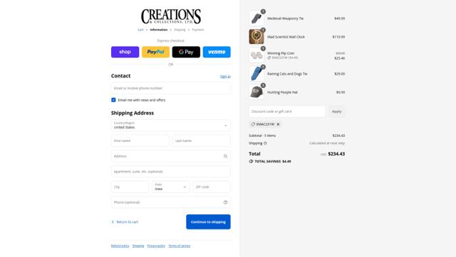 Creations and Collections checkout page showing Creations and Collections promo code box | Screenshot taken by SimplyCodes community member on Sep 11, 2025