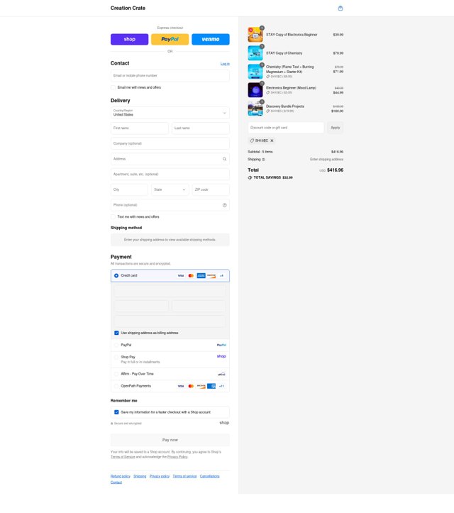 Creation Crate checkout page showing Creation Crate promo code box | Screenshot taken by SimplyCodes community member on Sep 8, 2025