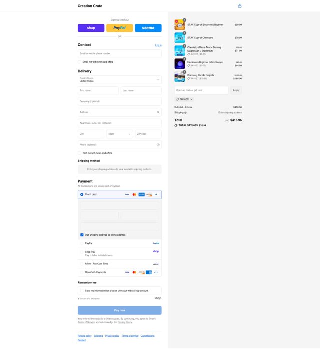 Creation Crate checkout page showing Creation Crate promo code box | Screenshot taken by SimplyCodes community member on Aug 30, 2025