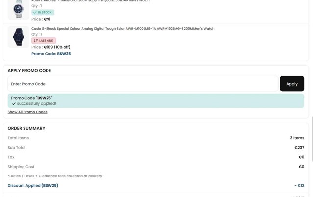 CreationWatches checkout page showing CreationWatches promo code box | Screenshot taken by SimplyCodes community member on Aug 26, 2025