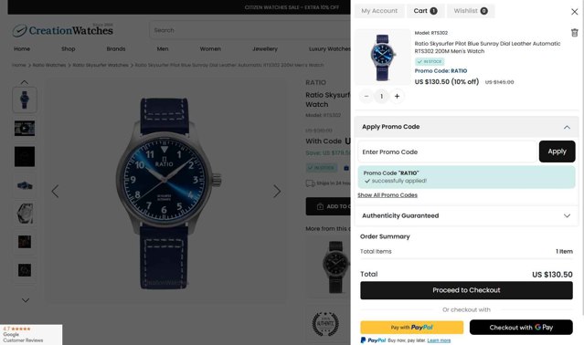 CreationWatches checkout page showing CreationWatches promo code box | Screenshot taken by SimplyCodes community member on Aug 28, 2025