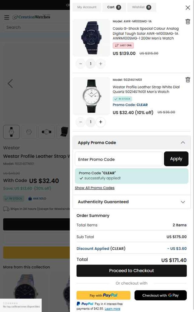 CreationWatches checkout page showing CreationWatches promo code box | Screenshot taken by SimplyCodes community member on Aug 31, 2025