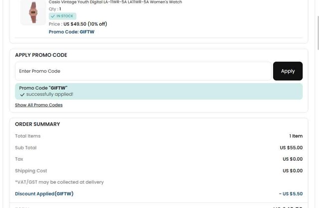 CreationWatches checkout page showing CreationWatches promo code box | Screenshot taken by SimplyCodes community member on Aug 23, 2025