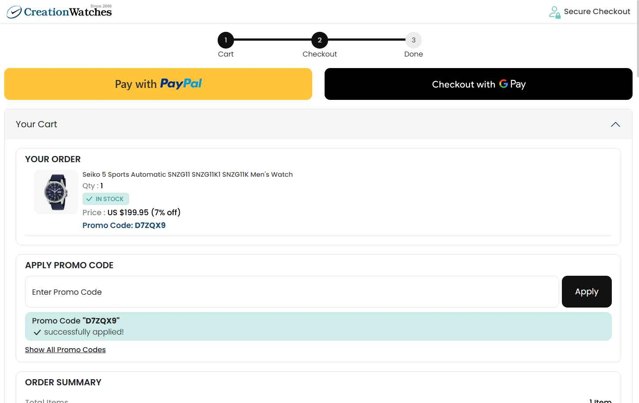 CreationWatches checkout page showing CreationWatches promo code box | Screenshot taken by SimplyCodes community member on Aug 24, 2025