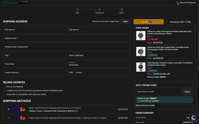 CreationWatches checkout page showing CreationWatches promo code box | Screenshot taken by SimplyCodes community member on Sep 4, 2025